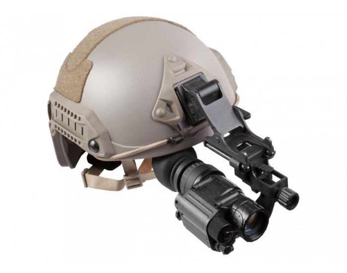 PVS14 Night Vision Monocular attached to a helmet.