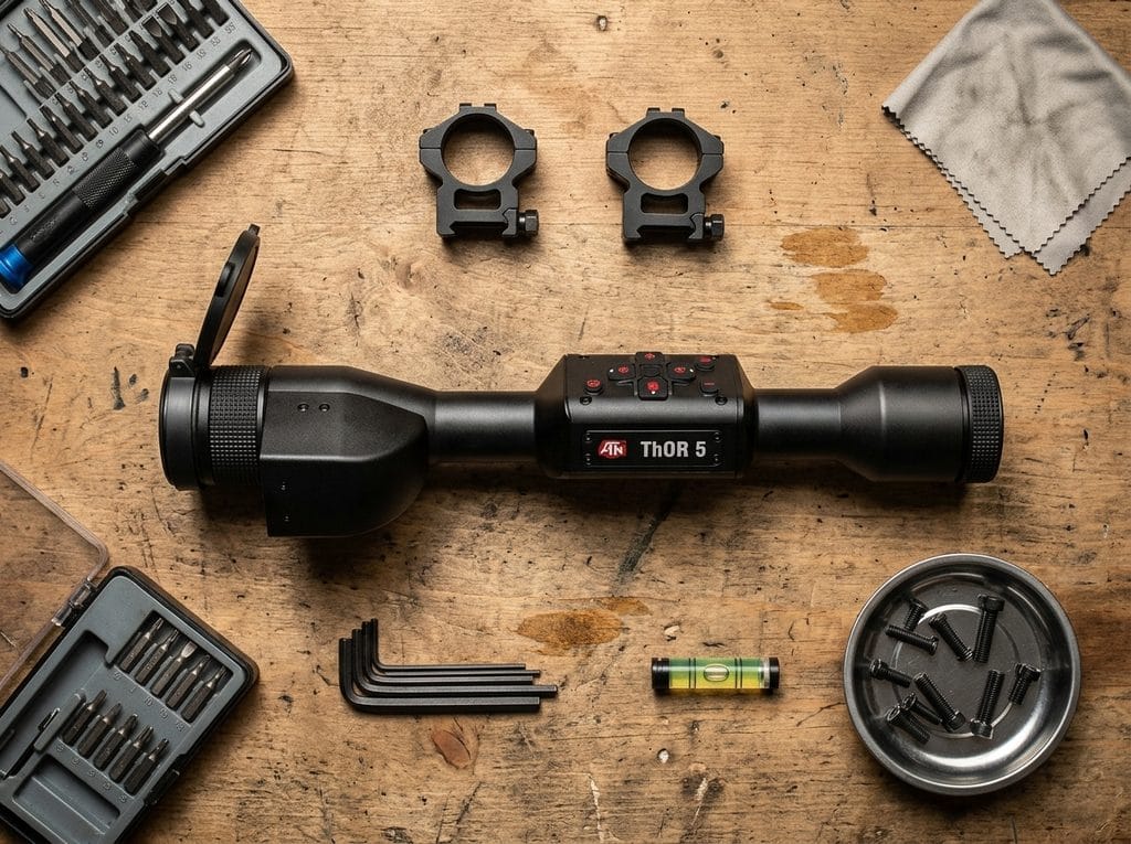 ATN Thor 5 LRF 640 on a work bench with rings prepared to me mounted