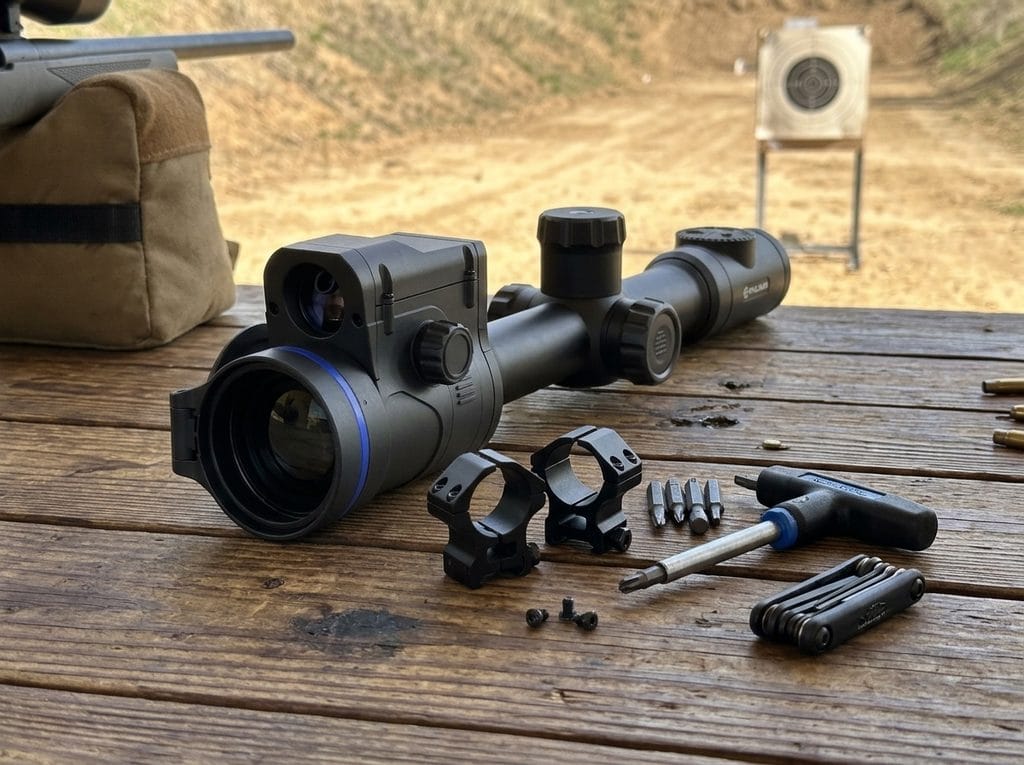 Pulsar Thermion 2 LRF on a range shooting bench with rings